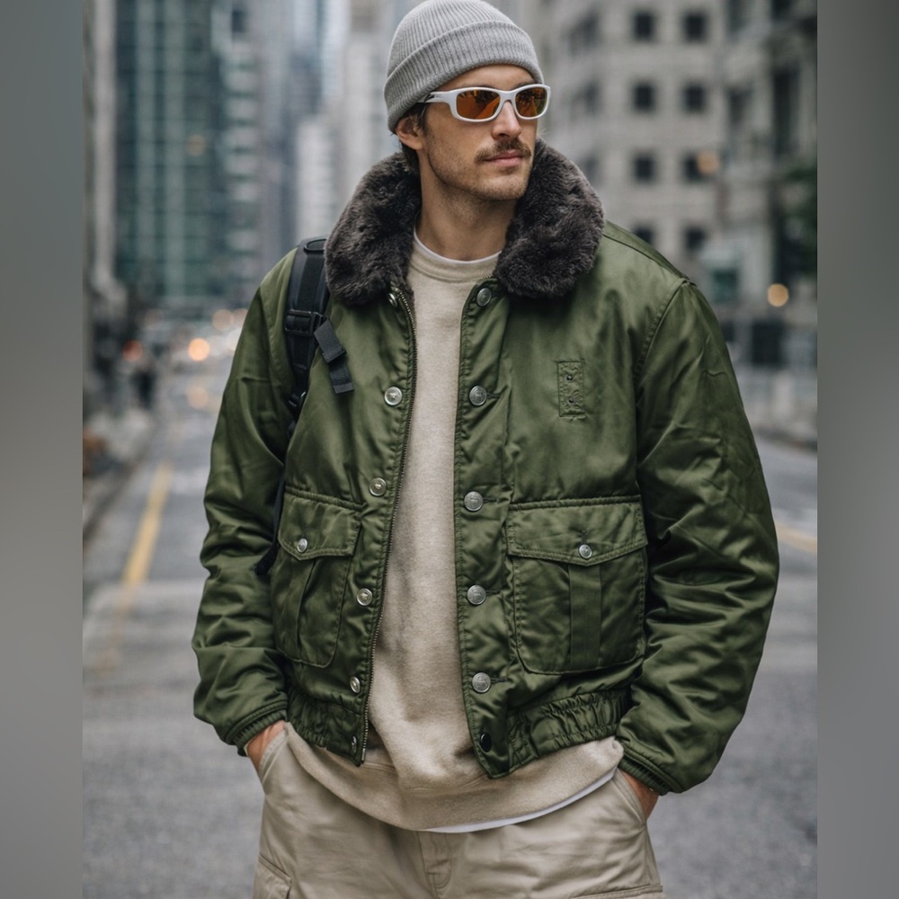 Vintage 1960s Tuffy Jac Olive Bomber Jacket Faux Fur Collar Talon Zipper Men L - Picture 1 of 15